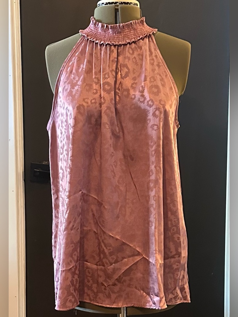 Love & Vine Smocked Halter Satin Blouse in Dusty Rose